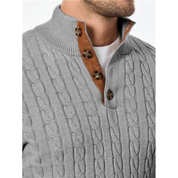 NEW Men's Cable Knit Pullover Sweater Casual Long Sleeve Stand Collar - Picture 5 of 6